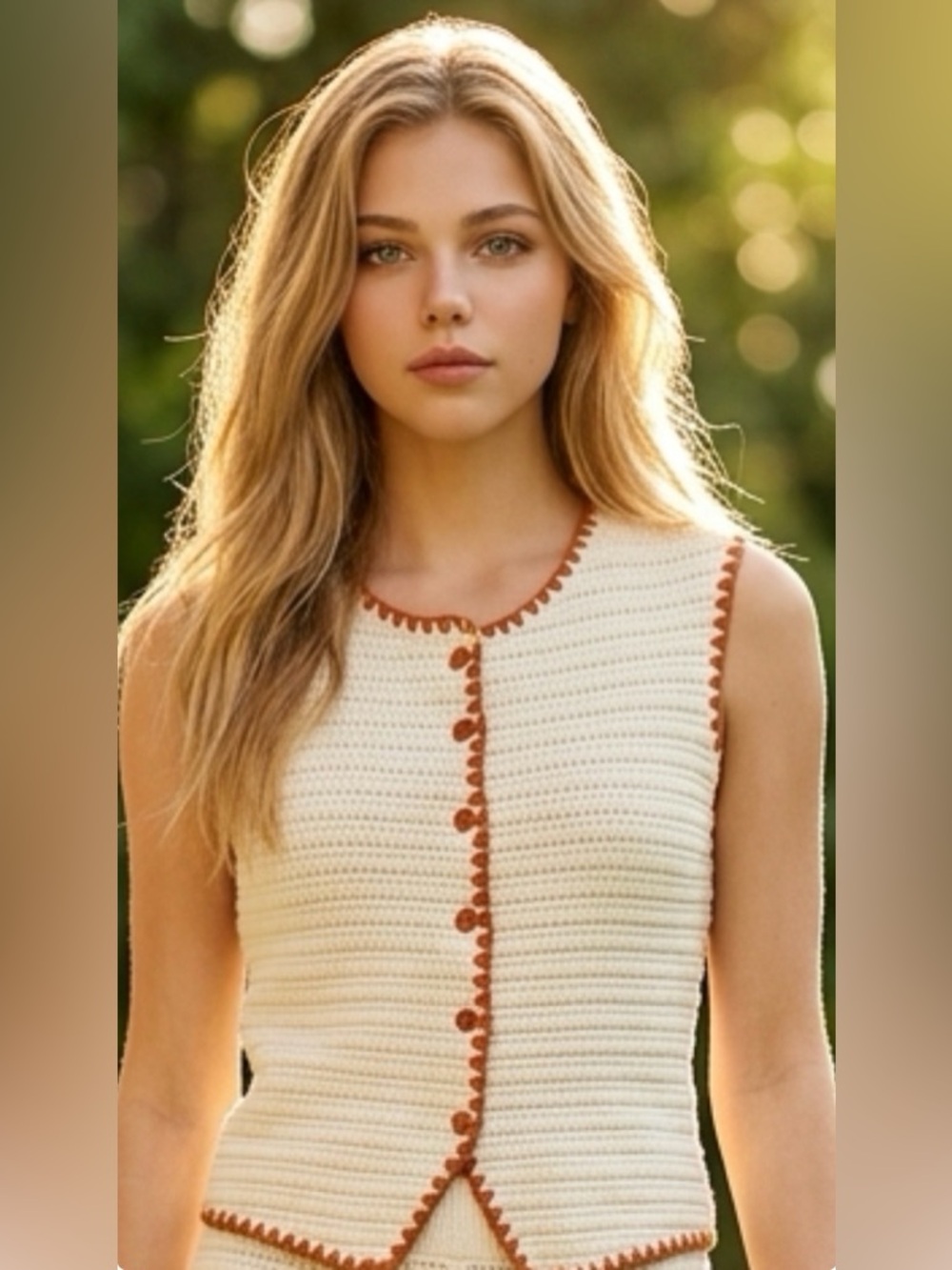 Cream Crochet Button vest with Rust Trim